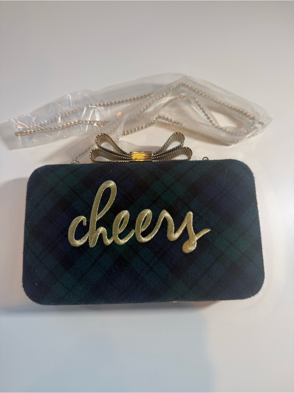 New Talbots Plaid 'Cheers' Evening Clutch in Navy and Green with Gold Accent
